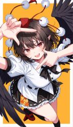 1girl :d absurdres belt bird_wings black_belt black_bow black_bowtie black_skirt black_socks black_wings bow bowtie breasts brown_hair buttons collared_shirt feathered_wings feet_out_of_frame finger_frame frilled_skirt frills geta hat highres kneehighs leaf_print looking_at_viewer medium_breasts miniskirt open_mouth pointy_ears pom_pom_(clothes) puffy_short_sleeves puffy_sleeves red_eyes red_hat red_shoes shameimaru_aya shirt shoes short_hair short_sleeves simple_background skirt smile socks solo standing standing_on_one_leg tassel teeth tengu-geta tokin_hat touhou untucked_shirt upper_teeth_only wd_kuyokuyo white_shirt wings yellow_background