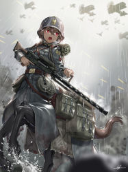 1girl aircraft airplane backpack bag biplane brown_hair centaur drum_magazine gun helmet holding holding_gun holding_weapon kws long_sleeves machine_gun magazine_(weapon) military military_uniform military_vehicle mixed-language_commentary monster_girl original outdoors pan_magazine rain red_eyes solo taur war weapon