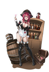 1girl absurdres alcohol apron arm_garter ascot ass barrel bikini bird black_bikini black_boots black_corset boots bottle breasts brown_hair cabinet cleavage commentary_request corset cuffs detached_collar detached_sleeves fang finger_heart full_body glass glasses goddess_of_victory:_nikke hair_ornament hand_up hat heart heart-shaped_pupils highres juliet_sleeves large_breasts long_hair long_sleeves looking_at_viewer mast mast_(nikke) mast_(romantic_maid)_(nikke) morgan_(nikke) necktie official_alternate_costume opaque_glasses open_mouth pirate_hat pitcher_(container) puffy_sleeves red_eyes red_hair side-tie_bikini_bottom simple_background skin_fang skull skull_hair_ornament sleeve_cuffs smile starfish swimsuit symbol-shaped_pupils thigh_boots towel treasure_chest two_side_up unclelei waist_apron white_background wig wine_bottle wing_collar