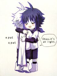 2boys :d absurdres alternate_universe antenna_hair bandana bandana_around_neck black_bandana black_hair black_shirt black_shorts black_socks black_trim blush boots brothers cape chara_(undertale) child chinese_commentary closed_eyes colored_skin commentary_request english_text film_grain frisk_(undertale) full_body hair_between_eyes hands_on_another&#039;s_back highres hug knee_boots kneehighs layered_sleeves long_sleeves male_focus multiple_boys nishinianshaodehuanxi137 open_mouth shirt short_hair short_over_long_sleeves short_sleeves shorts siblings simple_background smile socks speech_bubble standing u_u undertale white_background white_boots white_cape white_hair white_shirt white_skin xtale