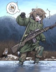 1girl absurdres animal animal_ears battle_rifle black_gloves boots brown_hair camouflage camouflage_pants clenched_hand dashed_eyes drawstring fish fox fox_ears fox_girl_(yihan_world) fox_tail gloves grass green_jacket gun highres ice jacket m14 m21 open_mouth original outdoors pants ponytail rifle scope solo surprised tail weapon wide-eyed winter worried yihan_world