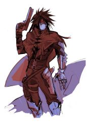 1boy absurdres armored_boots belt black_hair boots cho5782 clawed_gauntlets cloak cowboy_shot final_fantasy final_fantasy_vii final_fantasy_vii_rebirth final_fantasy_vii_remake gun hair_between_eyes handgun headband highres holding holding_gun holding_weapon holster long_hair male_focus multiple_belts red_cloak red_eyes red_headband solo spiked_hair thigh_holster vincent_valentine weapon white_background