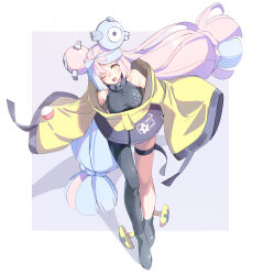 absurdres bow-shaped_hair creatures_(company) game_freak grey_pantyhose hexagon_print highres huanxiang_huifeng iono_(pokemon) jacket long_hair long_sleeves low-tied_long_hair multicolored_hair nintendo off_shoulder oversized_clothes pantyhose pokemon pokemon_sv sharp_teeth single_leg_pantyhose sleeves_past_fingers sleeves_past_wrists split-color_hair teeth two-tone_hair very_long_sleeves x yellow_jacket