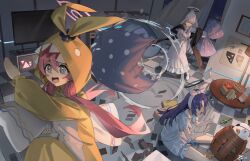 3girls @_@ anger_vein blue_archive blue_shirt blue_shorts book bow_hairband chinese_commentary commentary_request cup dor_m dress frilled_dress frills hairband high_ponytail highres holding holding_pillow koyuki_(blue_archive) koyuki_(pajamas)_(blue_archive) long_dress long_hair long_sleeves mug multiple_girls noa_(blue_archive) noa_(pajamas)_(blue_archive) official_alternate_costume onesie pillow ponytail running shirt short_sleeves shorts sitting sleepover sonic_boom_(speed) standing television throwing very_long_hair white_dress white_hair white_hairband yuuka_(blue_archive) yuuka_(pajamas)_(blue_archive)