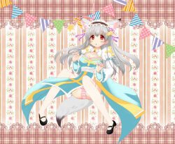 1girl animal_ears arch_bishop_(ragnarok_online) bell black_hairband black_shoes blue_dress blush breasts chiyunko_(rna-14-fei) cleavage cleavage_cutout clothing_cutout commentary_request cross dress fishnet_thighhighs fishnets fox_ears fox_girl frilled_hairband frills full_body grey_hair hair_bell hair_ornament hair_ribbon hairband highres jingle_bell juliet_sleeves large_breasts long_hair long_sleeves mary_janes open_mouth orange_hair panties pantyshot pink_background pink_panties puffy_sleeves purple_ribbon ragnarok_online ribbon sash shoes solo streamers striped_clothes striped_panties thighhighs two-tone_dress underwear white_dress white_panties white_sash white_thighhighs