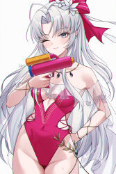 1girl aqua_eyes bare_shoulders blush bow breasts carlotta_(wuthering_waves) casual_one-piece_swimsuit chromatic_aberration closed_mouth commentary_request covered_navel cowboy_shot flower frilled_one-piece_swimsuit frills groin hair_bow hair_flower hair_ornament highleg highleg_one-piece_swimsuit highres holding holding_water_gun long_hair looking_at_viewer medium_breasts official_alternate_costume one-piece_swimsuit one_eye_closed partial_commentary pink_bow pink_one-piece_swimsuit signature simple_background smile solo striped_bow swimsuit thigh_gap uriuritei very_long_hair water_gun white_background white_flower white_hair wuthering_waves
