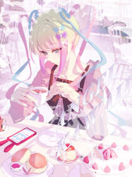 Rule 34 | 1girl, absurdres, black bow, black bowtie, blonde hair, blue hair, blue shirt, bow, bowtie, cake, cellphone, center frills, chair, chouzetsusaikawa tenshi-chan, chouzetsusaikawa tenshi-chan (jirai kei), commentary, cup, food, frills, hair bow, highres, holding, holding cup, jirai kei, junpaku karen, long hair, long sleeves, needy girl overdose, phone, pink hair, pink shirt, quad tails, scone, shirt, sitting, smartphone, solo