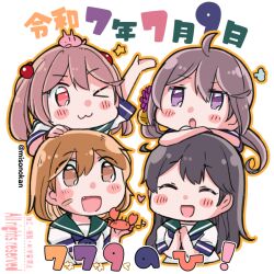 :3 ahoge akebono_(kancolle) animal animal_on_head bandaid bandaid_on_face black_hair blue_sailor_collar blush_stickers brown_eyes brown_hair closed_eyes crab date_pun grey_hair hair_bobbles hair_ornament izumiyamisono kantai_collection number_pun oboro_(kancolle) on_head one_eye_closed pink_eyes purple_eyes rabbit rabbit_on_head sailor_collar sazanami_(kancolle) school_uniform serafuku shirt side_ponytail upper_body ushio_(kancolle) white_shirt