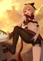 1boy 1girl bar_censor black_legwear black_ribbon blonde_hair censored cum feet felt_(re:zero) femdom footjob hetero magic_xiang no_shoes re:zero_kara_hajimeru_isekai_seikatsu red_eyes ribbon solo_focus sword toes weapon