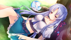 1girl :3 =_= against_tree animal_print arms_at_sides belt black_belt black_bow blue_hair blue_skirt blush bow braid breasts butterfly_print casual closed_mouth collarbone commentary_request commission crop_top crown_braid day dutch_angle enjoy_mix feet_out_of_frame frilled_shirt frilled_skirt frilled_sleeves frills hair_bobbles hair_bow hair_ornament hair_spread_out half-closed_eyes inari_(summer_pockets) knees_up large_breasts long_hair lying midriff navel on_back on_grass outdoors parted_bangs red_eyes shirt short_sleeves sidelocks skeb_commission skirt smile solo sorakado_ao summer_pockets tassel tassel_hair_ornament tree variant_set very_long_hair waking_up white_shirt