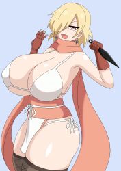 1girl armor bikini_armor blonde_hair breasts fang fishnet_thighhighs fishnets kusagakure_fumiko large_breasts looking_at_viewer ninja_to_koroshiya_no_futarigurashi open_mouth red_eyes short_hair simple_background smile solo thighhighs unluckycattw