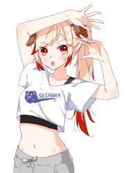 Rule 34 | 1girl, :o, absurdres, animal ears, arms up, black tank top, blonde hair, blush, chukachuka, commentary request, dog ears, dog girl, droopy ears, fang, grey shorts, hair ornament, high ponytail, highres, long hair, midriff, multicolored hair, nanashi inc., navel, open mouth, orange eyes, ponytail, red hair, seshima rui, shirt, shorts, simple background, solo, tank top, transparent background, two-tone hair, upper body, virtual youtuber, white shirt, x hair ornament