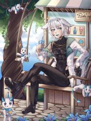 1boy animal_ears bandages bench bishounen black_bandages black_pants blue_eyes blue_sky blue_tongue bubble_tea chain cloud coat colored_tongue demon_boy demon_horns demon_tail fishnets flower full_body gold_chain guacc_art highres horns indie_virtual_youtuber market_stall outdoors pants senz_(vtuber) senz_(vtuber)_(3rd_costume) sky snowmie_(senz) swing_set tail tree virtual_youtuber white_coat white_hair wolf_boy wolf_ears