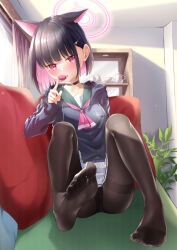 1girl animal_ears black_choker black_hair black_hoodie black_panties black_pantyhose blue_archive blunt_bangs blunt_ends blush bob_cut c.u.wa cat_ears cat_girl choker colored_inner_animal_ears colored_inner_hair commentary_request couch day extra_ears feet food foot_up full_body green_sailor_collar halo hand_up holding holding_food hood hood_down hoodie index_finger_raised indoors kazusa_(blue_archive) knees_up legs looking_at_viewer m_legs macaron miniskirt multicolored_hair neckerchief no_shoes on_couch paid_reward_available panties panties_under_pantyhose pantyhose pink_hair pink_halo pink_neckerchief pleated_skirt red_eyes sailor_collar school_uniform serafuku short_hair sidelighting sitting skirt soles solo spread_legs straight_hair thighband_pantyhose thighs toes tongue tongue_out underwear white_skirt window