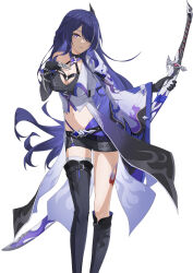 1girl absurdres acheron_(honkai:_star_rail) asymmetrical_legwear black_choker black_gloves black_shorts boots breasts chain chain_around_arm choker cleavage coat coattails commentary criss-cross_halter gloves hair_over_one_eye halterneck highres holding holding_sword holding_weapon honkai:_star_rail honkai_(series) knee_boots large_breasts leg_tattoo long_hair looking_at_viewer multicolored_hair navel parted_lips purple_eyes purple_hair scabbard sheath sheathed short_shorts shorts simple_background single_bare_shoulder single_wide_sleeve solo stomach streaked_hair sword tattoo thigh_boots uneven_legwear very_long_hair weapon white_background white_coat yiqi_kancho