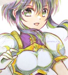 1girl :d armor black_hair breastplate chika_1 circlet fire_emblem fire_emblem:_genealogy_of_the_holy_war floating_hair gloves green_eyes hair_between_eyes hand_up highres larcei_(fire_emblem) looking_at_viewer nintendo open_mouth pauldrons portrait purple_tunic short_hair_with_long_locks shoulder_armor sidelocks smile solo traditional_media tunic twitter_username v-shaped_eyebrows white_background white_gloves