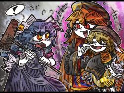 ! +++ 3girls animal_ears black_dress blonde_hair blue_dress blue_hair chinese_clothes crescent dress earrings flat_cap floppy_ears hat jewelry junko_(touhou) kine long_hair long_sleeves mallet multiple_girls multiple_tails open_mouth orange_shirt puffy_sleeves rabbit_ears rabbit_tail red_eyes ringo_(touhou) sash seiran_(touhou) shirt short_hair short_sleeves shorts spoken_exclamation_mark suenari_(peace) tabard tail touhou wide_sleeves