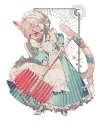 1girl animal_ears apron blush bow cat_ears cat_girl cat_tail closed_mouth commentary dress frilled_apron frills full_body green_dress green_shoes hair_bow hammer high_heels highres holding holding_hammer long_dress long_sleeves maid maid_apron maid_headdress original ozureiji petticoat puffy_long_sleeves puffy_sleeves red_eyes shoes short_hair solo symbol-only_commentary tail white_apron white_bow white_hair