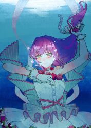 1girl air_bubble aqua_choker be_proud_(love_live!) blush breasts bubble choker closed_mouth collarbone commentary_request cowboy_shot dress earrings flower flower-trimmed_dress flower_choker flower_earrings frilled_dress frilled_gloves frills gloves green_eyes highres jewelry link!_like!_love_live! long_hair looking_at_viewer love_live! medium_breasts official_alternate_costume otomune_kozue ponytail purple_hair red_flower red_rose rose sidelocks single-shoulder_dress single_bare_shoulder smile solo stew_youbi underwater untying_hair virtual_youtuber white_dress white_gloves yume_wazurai