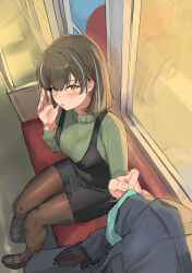 1boy 1girl arknights black_dress blush breasts brown_hair brown_pantyhose center-flap_bangs commentary_request doctor_(arknights) dot_nose dress ear_blush from_above green_sweater hair_behind_ear hair_between_eyes highres long_sleeves looking_at_viewer magallan_(arknights) multicolored_hair naixorth pantyhose pinafore_dress pov pulling_another&#039;s_clothes raised_inner_eyebrows reflection ribbed_sweater short_hair sitting sleeveless sleeveless_dress streaked_hair sweater train_interior triangle_mouth white_streaks yellow_eyes