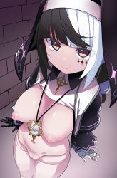 Rule 34 | 1girl, absurdres, arrow cross, black capelet, black hair, borrowed character, braid, braided ponytail, breasts, capelet, closed mouth, coif, commission, cross, doll joints, facial mark, from above, highres, homura shinji, hourglass, joints, large breasts, looking at viewer, multicolored hair, nipples, nun, original, protected link, second-party source, skeb commission, solo, stole, two-tone hair, veil, violet (ac8231), white hair, yellow eyes