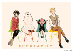 Rule 34 | 1boy, 2girls, :d, animal, anya (spy x family), arms up, awarinko, black dress, black hair, black pantyhose, black shoes, blonde hair, blue eyes, bobby socks, bond (spy x family), boots, border, brown background, brown boots, brown pants, chair, closed mouth, collarbone, collared shirt, copyright name, crossed legs, dog, dress, dress shirt, green eyes, highres, long sleeves, multiple girls, on chair, open mouth, pants, pantyhose, pink hair, red dress, red eyes, shirt, shoes, simple background, sitting, smile, socks, spy x family, sweater vest, twilight (spy x family), twitter username, white border, white shirt, white socks, wide sleeves, yor briar