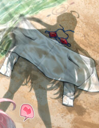 1girl absurdres ahoge beach bikini blue_archive dressed_shadow_(meme) hanako_(blue_archive) hanako_(swimsuit)_(blue_archive) heart highres meme ocean outstretched_arms pink_hair red_bikini shadow shirt solo spread_arms spread_legs sunnysideup swimsuit unworn_bikini_top unworn_shirt white_shirt