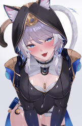 1girl :p absurdres animal_ear_fluff animal_ears blue_eyes breasts cat_ears cat_girl cat_tail cipher_(honkai:_star_rail) cleavage commentary_request gradient_background grey_background highres honkai:_star_rail honkai_(series) hood looking_at_viewer medium_breasts medium_hair miya-chan_(lightning0730) mole mole_on_breast solo tail tongue tongue_out