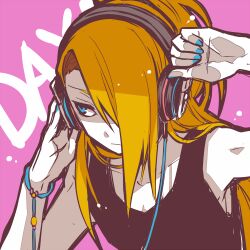 1boy aqua_eyes aqua_nails black_shirt blonde_hair closed_mouth deidara_(naruto) hair_over_one_eye headphones long_hair lowres male_focus nail_polish naruto_(series) naruto_shippuuden pink_background shirt sleeveless sleeveless_shirt solo upper_body yosakuh