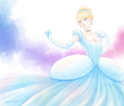 Rule 34 | 1girl, anano skr, blonde hair, blue dress, blue eyes, breasts, choker, cinderella (disney character), cinderella (disney movie), dress, earrings, elbow gloves, gloves, gown, hair bun, hairband, jewelry, looking at viewer, princess, princess dress, short hair, smile, solo