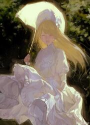 1girl blonde_hair blush closed_eyes dress hat highres long_hair looking_at_viewer original parted_lips seapall smile solo umbrella watermark weibo_watermark white_dress white_hat white_umbrella