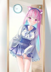 1girl ahoge anchor_symbol animal_ears blue_choker blue_hairband blue_sailor_collar blunt_bangs blush bow breasts cat_ears choker clock colored_inner_hair frilled_sailor_collar frills hairband high-waist_skirt highres hololive jacket long_hair long_sleeves looking_at_viewer minato_aqua minato_aqua_(sailor) mirror multicolored_hair official_alternate_costume pink_eyes pink_hair sailor_collar school_uniform simple_background skirt solo taro._(tataroro_1) thighs two-tone_hair virtual_youtuber