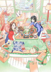 2girls :d apron beige_pants black_hair blue_apron blue_legwear blue_shirt blush box brown_eyes brown_hair can cardboard_box chopsticks closed_mouth food highres holding holding_spoon indoors japanese_clothes kimono kneeling kotatsu ladle lamp long_hair long_sleeves looking_at_another medium_hair mirror multiple_girls nabe open_mouth original red_kimono shirt sitting slice_of_life smile spoon stew table umishima_senbon
