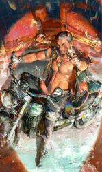 Rule 34 | 1boy, abs, absurdres, aiming, aiming at viewer, alca (wakatanka4), animal ears, bara, bare pectorals, black pants, black vest, cum, daylightallure, ejaculation, erection, fingerless gloves, from above, gloves, gun, gyee, handsfree ejaculation, highres, holding, holding gun, holding weapon, large pectorals, lion ears, lion tail, male focus, motor vehicle, motorcycle, muscular, muscular male, navel, nipples, open clothes, open pants, open vest, pants, pectorals, penis, tail, vest, weapon, white gloves