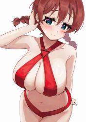 1girl aqua_eyes arm_up bare_arms bikini blush braid breasts brown_hair cleavage_cutout closed_mouth clothing_cutout collarbone curvy emma_verde freckles hair_between_eyes heart heart-shaped_pupils highres large_breasts looking_at_viewer love_live! love_live!_nijigasaki_high_school_idol_club navel pisagi red_bikini sidelocks simple_background smile solo standing swimsuit symbol-shaped_pupils twin_braids white_background