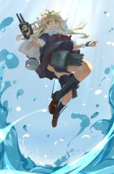 Rule 34 | 1girl, adapted turret, adapted weapon, black ribbon, black serafuku, black skirt, black socks, blonde hair, blunt bangs, female focus, fingerless gloves, floating, floating hair, from below, full body, gloves, grin, hair flaps, hair ribbon, highres, holding, holding weapon, kantai collection, kneehighs, light, loafers, long hair, looking down, machinery, neckerchief, panties, pantyshot, puffy short sleeves, puffy sleeves, red eyes, red neckerchief, ribbon, rigging, sailor collar, scarf, school uniform, serafuku, shaded face, ship turret, shoes, short sleeves, skirt, smile, socks, solo, splashing, teeth, torpedo, torpedo launcher, torpedo tubes, underwear, water, weapon, white panties, white sailor collar, white scarf, yamaioni (sasakama), yuudachi (kancolle), yuudachi kai ni (kancolle)
