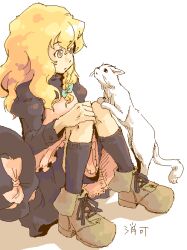 1girl blonde_hair boots braid cat commentary_request from_side hair_ribbon hand_on_own_knee hat kirisame_marisa looking_at_animal medium_hair namae oekaki retro_artstyle ribbon simple_background sitting solo touhou white_background white_cat witch_hat yellow_eyes