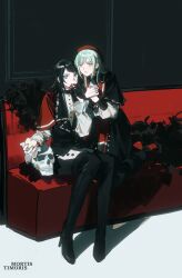 Rule 34 | 2girls, apple, bang dream!, bang dream! it&#039;s mygo!!!!!, beret, black boots, black capelet, black gloves, black hair, black shorts, black skirt, black vest, blue eyes, boots, capelet, commentary request, earrings, eating, food, fruit, gloves, green hair, hat, highres, jewelry, kneeling, long hair, mortis (bang dream!), mortis (costume) (bang dream!), multiple girls, open mouth, pantyhose, pantyhose under shorts, pe902, red capelet, red hat, red shoes, red shorts, shoes, shorts, sidelocks, sitting, skirt, skull, thigh boots, timoris (bang dream!), vest, wakaba mutsumi, yahata umiri