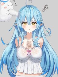 absurdres ahoge alcohol arms_behind_back bare_shoulders blue_hair blush bottle breasts camisole glass grey_background heart heart_ahoge highres hololive large_breasts long_hair pointy_ears sake sake_bottle see-through_camisole see-through_clothes simple_background spaghetti_strap upper_body virtual_youtuber wet wet_clothes white_camisole winvita yellow_eyes yukihana_lamy yukimin_(yukihana_lamy)