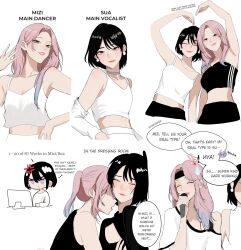 Rule 34 | 2girls, alien stage, anger vein, archive of our own, black hair, black pants, black shirt, black tube top, blue hair, camisole, choker, closed eyes, closed mouth, commentary, earrings, english commentary, english text, gradient hair, grey choker, heart arms, heart arms duo, highres, holding, holding microphone, jewelry, long hair, microphone, mizi (alien stage), multicolored hair, multiple girls, open mouth, pants, pink hair, raimusoft, shirt, short hair, simple background, smile, speech bubble, strapless, sua (alien stage), tank top, tube top, white background, white camisole, white shirt, white tank top, yuri