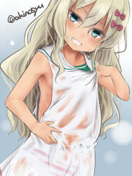 1girl akino_shuu bare_arms bare_shoulders blue_eyes blush bow brown_hair commentary_request dress gradient_background grecale_(kancolle) grey_background grin hair_between_eyes hair_bow hand_up kantai_collection loli long_hair looking_at_viewer panties red_bow sailor_collar sailor_dress see-through_clothes see-through_dress smile solo striped_clothes striped_panties twitter_username underwear very_long_hair wet wet_clothes wet_dress white_background white_sailor_collar