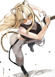 1girl animal_ear_fluff animal_ears black_boots black_hair black_shirt black_tank_top blonde_hair boots braid breasts chain chain_necklace commentary_request curtained_hair fangs fighting_stance full_body green_eyes grey_pants grin highres holding holding_weapon hololive hololive_dev_is jewelry kemonomimi_mode koganei_niko lace-up_boots large_breasts long_hair looking_at_viewer maro2ki3 multicolored_hair necklace orange-tinted_eyewear pants round_eyewear see-through_clothes see-through_shirt shirt side_braid simple_background sleeveless sleeveless_shirt slit_pupils smile solo streaked_hair sunglasses sweatpants tail tank_top teeth tiger_ears tiger_girl tiger_tail tinted_eyewear torn_clothes torn_pants virtual_youtuber weapon white_background