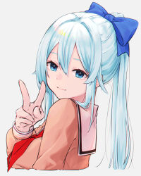 1girl amopui blue_eyes blue_hair blue_ribbon bow breasts brown_jacket brown_serafuku brown_shirt hair_between_eyes hair_bow hair_ribbon highres jacket large_breasts light_blush long_hair long_sleeves looking_at_viewer looking_to_the_side neckerchief neckerchief_between_breasts nijisanji ponytail red_neckerchief ribbon sailor_collar school_uniform serafuku shirt solo upper_body v virtual_youtuber white_background white_sailor_collar yukishiro_mahiro yukishiro_mahiro_(2nd_costume)