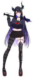 1girl alternate_costume animal animal_on_shoulder argyle_clothes argyle_pantyhose asymmetrical_horns bird bird_on_shoulder black_choker black_gloves black_hair black_sailor_collar black_skirt blue_hair blush bow bowtie breasts choker closed_mouth colored_inner_hair crop_top dadangge delinquent demon_horns full_body gloves highres hololive hololive_english horns large_breasts long_hair looking_at_viewer midriff miniskirt multicolored_hair navel nerissa_ravencroft o-ring o-ring_thigh_strap pleated_skirt purple_eyes purple_hair red_bow red_bowtie sailor_collar school_uniform serafuku shadow_(nerissa_ravencroft) shoes simple_background single_leg_pantyhose single_thighhigh skirt slit_pupils smile solo standing stomach thigh_strap thighhighs uneven_horns very_long_hair white_background