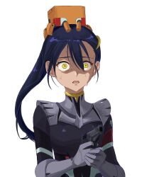 1girl commentary conch_(gundam) gun gundam gundam_gquuuuuux hair_ornament hairclip handgun highres holding holding_gun holding_weapon long_hair mecha_pilot_suit non-humanoid_robot nyaan_(gundam_gquuuuuux) open_mouth ponytail purple_hair ranpo_rikyu0102 robot simple_background solo sweat upper_body weapon white_background wide-eyed yellow_eyes