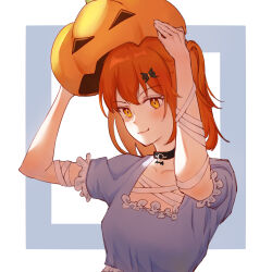 1girl bandages black_choker bow choker collarbone fate/grand_order fate_(series) fujimaru_ritsuka_(female) hair_bow halloween jack-o&#039;-lantern_hat just_we light_blush one_side_up orange_eyes orange_hair side_ponytail smile solo upper_body