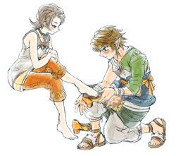 1boy 1girl bad_id bad_pixiv_id blue_eyes blush brown_hair earrings ilia jewelry link nintendo pointy_ears smile the_legend_of_zelda the_legend_of_zelda:_twilight_princess yo_mo