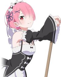 1girl apron armpit_crease black_sleeves bob_cut breasts closed_mouth detached_sleeves hair_ornament hair_over_one_eye hair_ribbon hands_up highres holding light_blush long_sleeves looking_at_viewer maid maid_headdress official_art pink_hair purple_ribbon ram_(re:zero) re:zero_kara_hajimeru_isekai_seikatsu re:zero_kara_hajimeru_isekai_seikatsu_witch&#039;s_re:surrection red_eyes ribbon roswaal_mansion_maid_uniform short_hair simple_background small_breasts smile solo transparent_background waist_apron white_apron x_hair_ornament
