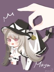 1girl 1other :d @_@ ^^^ absurdres animal_ears apron bell black_bow black_dress blush blush_stickers bow bowtie brown_hair cat_ears cat_girl cat_tail character_name chibi dress ears_through_headwear fang fangs grey_hair hat highres jingle_bell long_hair maid maid_apron maya_(vrchat) mini_person minigirl open_mouth out_of_frame pantyhose purple_background red_eyes shadow signature simple_background smile solo_focus tail tail_bow tail_ornament tochisa_(tochisa513) twintails twitter_username v-shaped_eyebrows very_long_hair vrchat white_apron white_bow white_bowtie white_pantyhose witch_hat wrist_cuffs