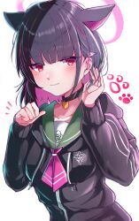 1girl absurdres animal_ears black_choker black_hair black_jacket blue_archive cat_ears choker closed_mouth commentary_request extra_ears green_sailor_collar halo highres hood hooded_jacket jacket kazusa_(blue_archive) minchia_(wncm5544) multicolored_hair neckerchief nose purple_hair purple_halo purple_neckerchief red_eyes sailor_collar simple_background solo white_background